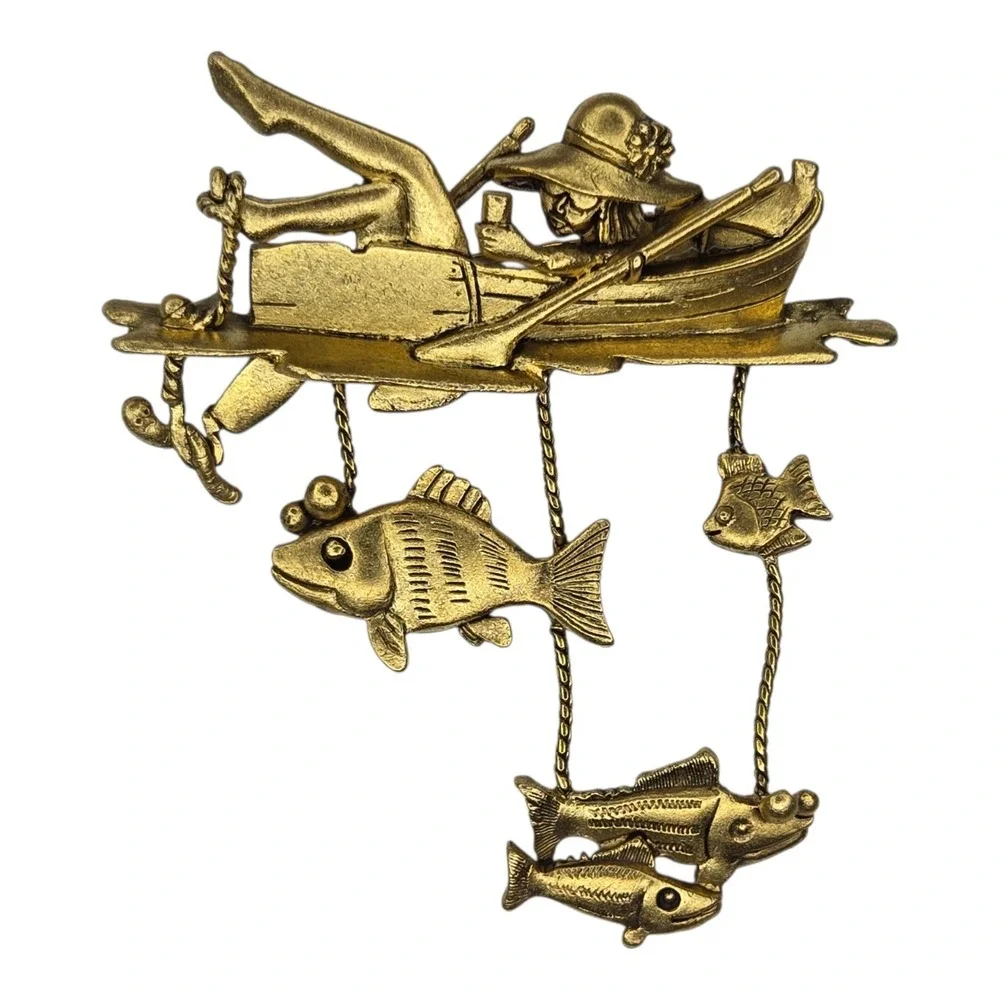 Danecraft Brooch Gold Tone Gold Vintage Fishing Rowboat Dangle Novelty Pin